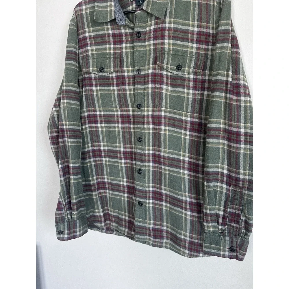 Roots Canada 100% Cotton Flannel Long Sleeve Shirt Large Green Plaid Button Up - Picture 2 of 12